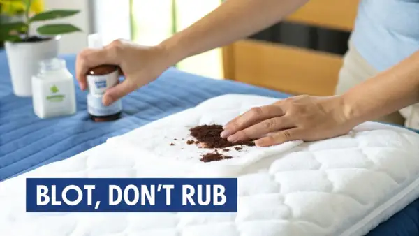 A person blots a stain on a white mattress topper with a cloth. The mattress topper is on a blue mattress. The text "BLOT, DON'T RUB" is visible.