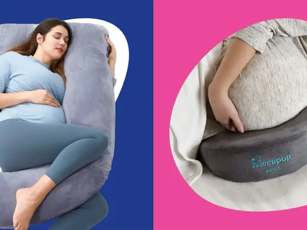 Pregnant woman sleeping comfortably on a U-shaped pillow, showing como usar la almohada de embarazo. Another pregnant woman rests her belly on a smaller support pillow.