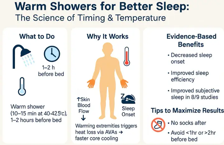 Warm showers 1-2 hours before bed can help you fall asleep faster. This infographic explains how do hot showers make you sleepy by triggering heat loss.